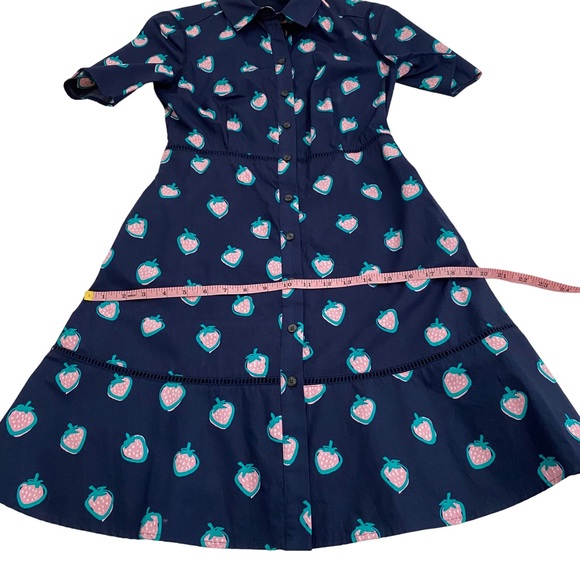 Draper James Navy Blue Pink & Green Strawberry Print Shirt Dress, Size 0 - Picture 13 of 16